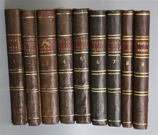 Pope, Alexander - Works, 9 vols, 8vo, engraved frontis and 23 other plates, drab boards, rebacked in calf,